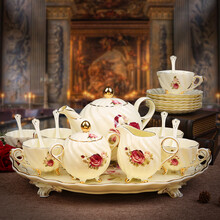 美瓷工坊 欧式咖啡具套装 宫廷陶瓷茶具英式下午茶杯碟勺配托盘 家用红茶花茶金边水具 英伦玫瑰2026 大壶+糖罐+奶壶+6杯6碟6勺+陶瓷四脚托盘