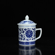 信德恒400ml办公杯 景德镇陶瓷茶杯带盖水杯喝茶杯青花瓷器杯子 休闲杯 会议杯 缠枝莲杯子