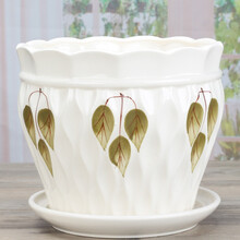 裕轩堂 纯白色新款陶瓷盆特大号室内简约个性带托盘绿萝吊兰花盆批发家用室内阳台绿植盆 新款90003浅绿 特大21厘米左右