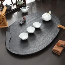 茶锦记干泡乌金石茶盘小号功夫茶具茶海套装黑金石茶托 荷叶 60*40*3椭圆单茶盘