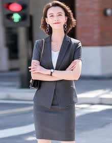 特洛曼短袖职业装女套裙2021年夏季西装套装女两件套薄款韩版商务正装工作服YR3206 灰色