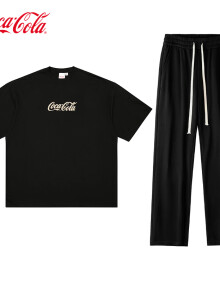 可口可乐（Coca-Cola）休闲运动套装男夏季美式短袖T恤直筒裤两件套 黑色+黑色 M 