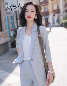 MSJ  轻奢品牌  小西装套装女气质2021春夏新款韩版休闲时尚减龄显瘦职业装两件套 602灰格西装 M