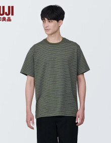 无印良品（MUJI）男式 天竺编织圆领短袖T恤男士打底衫男款 夏季新品AB1MKA4S 深绿色条纹 L (175/100A)
