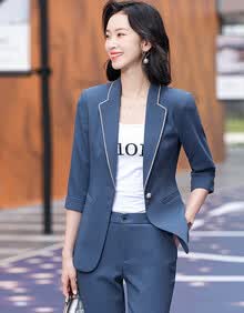 特洛曼七分袖西装套装女气质时尚洋气2021春夏季韩版职业装女装大码休闲英伦风女士西服两件套TLMYWZ6162