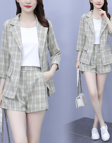 紫唯妮依 小西装套装女2021春夏新款韩版时尚女装气质女神范职业装格子两件套小个子百搭小西服女 杏格套装 L