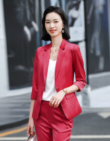 高端职业装西装套装女气质女神范夏天薄款醋酸缎面时尚气质小西服 红色(西装) L