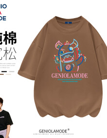 GENIOLAMODE品牌短袖T恤男潮牌ins风小恶魔印花五分袖男夏季纯棉舒适透气t恤