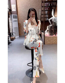 南极人 轻奢高端女装欧货2021春夏季新款女欧货时尚名媛风职业西装套装印花裤两件套潮 花色 M