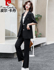 皮尔卡丹轻奢品牌女装 雪纺西装套装女夏时尚休闲职业薄款垂感阔腿长裤西服套装裤时尚女装 黑色 M