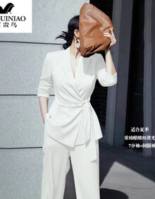 富贵鸟2021夏薄款果绿色醋酸缎面气质阔腿裤职业两垂坠感西装套装女 白色 醋酸七分袖两件套 S