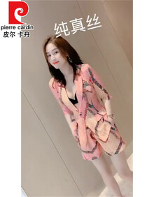 皮尔卡丹欧货2021夏季新款职业气质西装两件装修身印花高腰短裤真丝套装女 亲肤针织 真丝 M