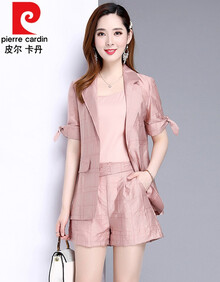 皮尔卡丹西服短裤套装女夏2021新款气质洋气减龄时尚职业休闲短袖三件装裤 亲肤针织 粉色 M