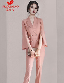 富贵鸟高端品牌职业装御姐气质小西装套装2021夏装新款女神范衣服端庄大气两件套 粉色 S