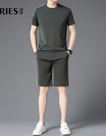 才子品牌运动套装男夏季新款休闲时尚圆领条纹短袖套装舒适弹力两件套 灰绿 165