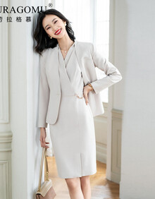 劳拉格慕 西服套装女2021新款白领总裁职业装商务通勤西装两件套 杏色（杏西装+杏裙） S