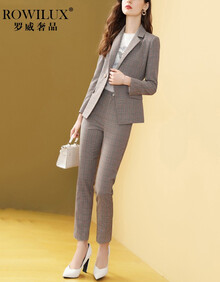 罗威奢品(ROWILUX)品牌女装时尚设计感格纹西装套装女2021新款时尚职业装气质两件套裤 花色 155/80A/S