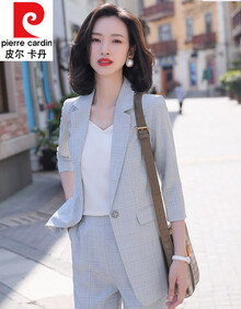 皮尔卡丹小西装套装女气质2021春夏韩版休闲时尚减龄显瘦职业装两件针织 602灰格西装 S