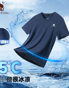 东方骆驼冰丝短袖T恤男夏季跑步冰感透气健身冰丝速干运动上衣 深蓝 4XL 