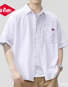 Lee Cooper衬衫男2024夏季薄款五分袖休闲纯棉时尚潮牌日系复古重磅水洗衬衣 白色 XL码