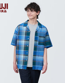 无印良品（MUJI） 男式 马德拉斯格纹 开领短袖衫 男士衬衫衬衣外套 格子 纯棉全棉 蓝色格纹 XL(180/104A)