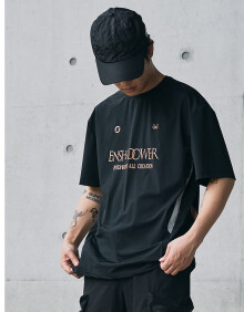 隐蔽者ENSHADOWER字母线迹分割印花运动速干短袖T恤夏季宽松上衣 黑色 XL