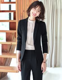 特洛曼黑色职业装女两件套大码修身工装春秋商务正装女士小西装套装显瘦短款韩版面试女装西服YR6001-033