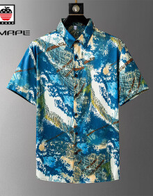 AEMAPE品牌奢侈高档印花衬衫男士短袖夏季新款透气旅游度假衬衣沙滩小衫 兰色 L
