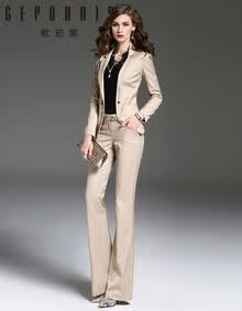 歌珀莱品牌女装气质小西装套装女2020春秋新款时尚OL通勤女士正装卡其色简约职业装两件套 卡其色 L