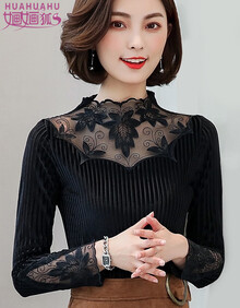 婳婳狐2017秋上衣打底衫雪纺衫女蕾丝衫 - 商