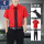 短大红衬衫+黑西裤+领带