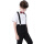 白短袖衬衫+黑长裤+红波点领结+黑背带