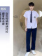 白刺绣短+藏青男长裤+蓝冠领带