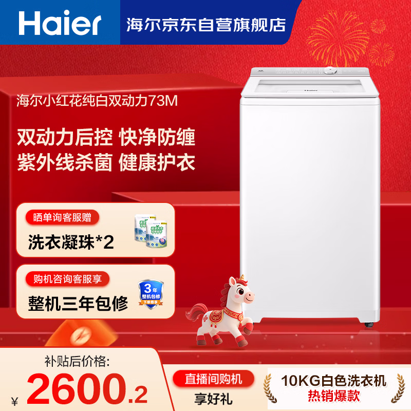海尔（Haier）小红花 全自动波轮洗衣机 10KG双动力 紫外杀菌 家电国家补贴以旧换新京东自营 XQS100-BE73M
