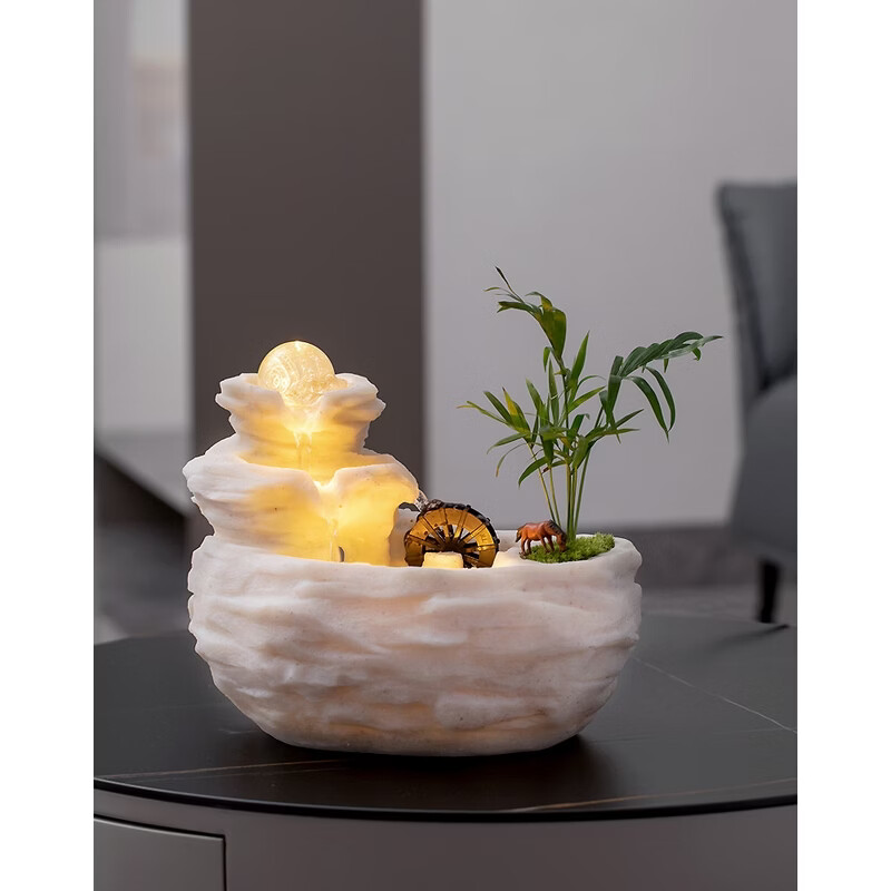 三栖虎风格可发光流水摆件 桌面生财聚宝盆假山喷泉 办公室招财风水轮 [财源滚滚]白色带绿植