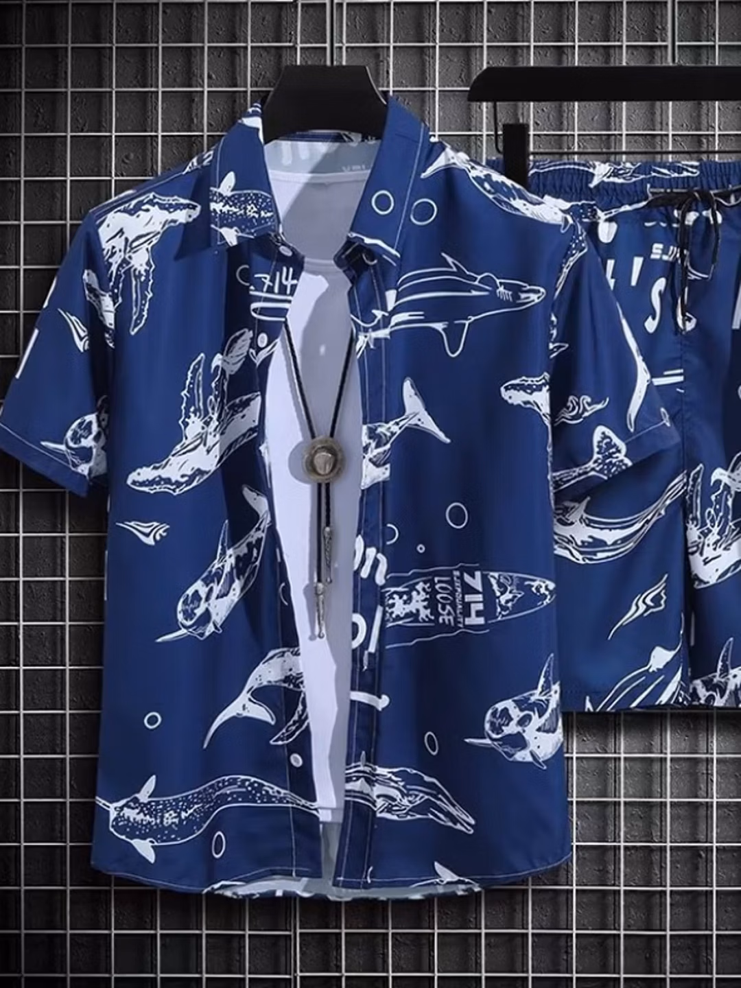 Casual Printed Shirt Men's Summer Beach Shorts Short-sleeved Two-piece Suit Loose Trend Handsome Hawaiian Vacation Shirt Men_viptrois.com