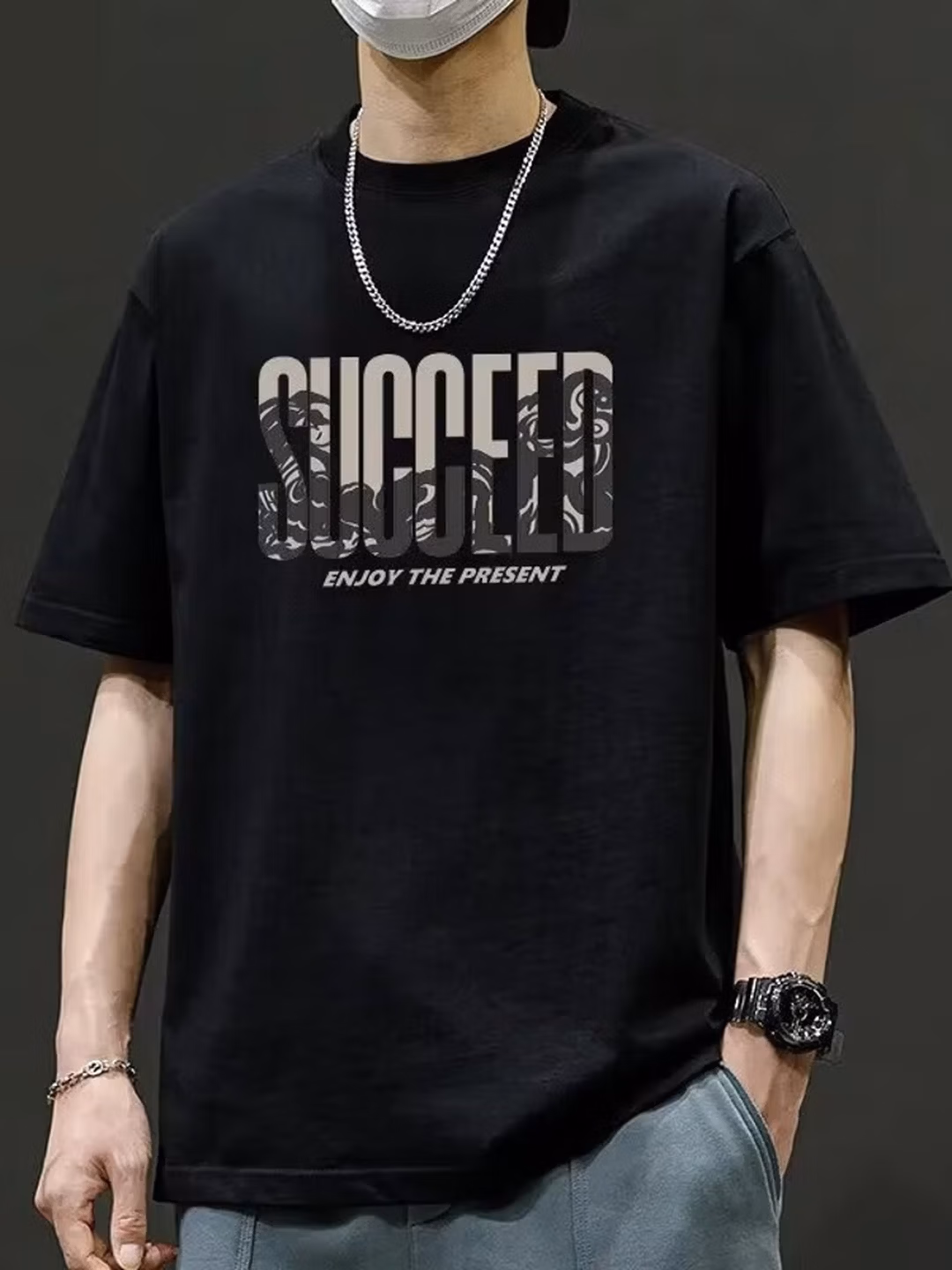 Short-sleeved T-shirt Men's Summer New American Trendy Brand Loose Cotton T-shirt Youth Casual Versatile T-shirt, Black XL_voghion.com