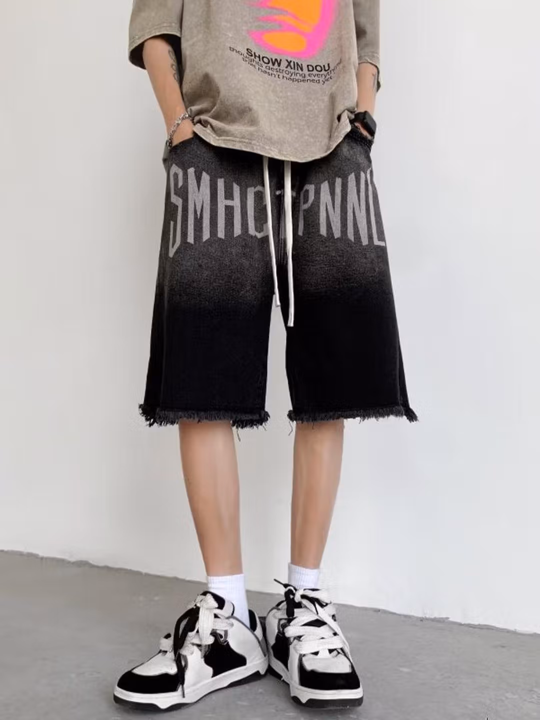 Rough Edge Gradual Change Denim Shorts Men's Summer Loose Straight Wide Leg Five-point Pants American Retro Ruffian Handsome Pants, Brown 2XL_mkmklike.com