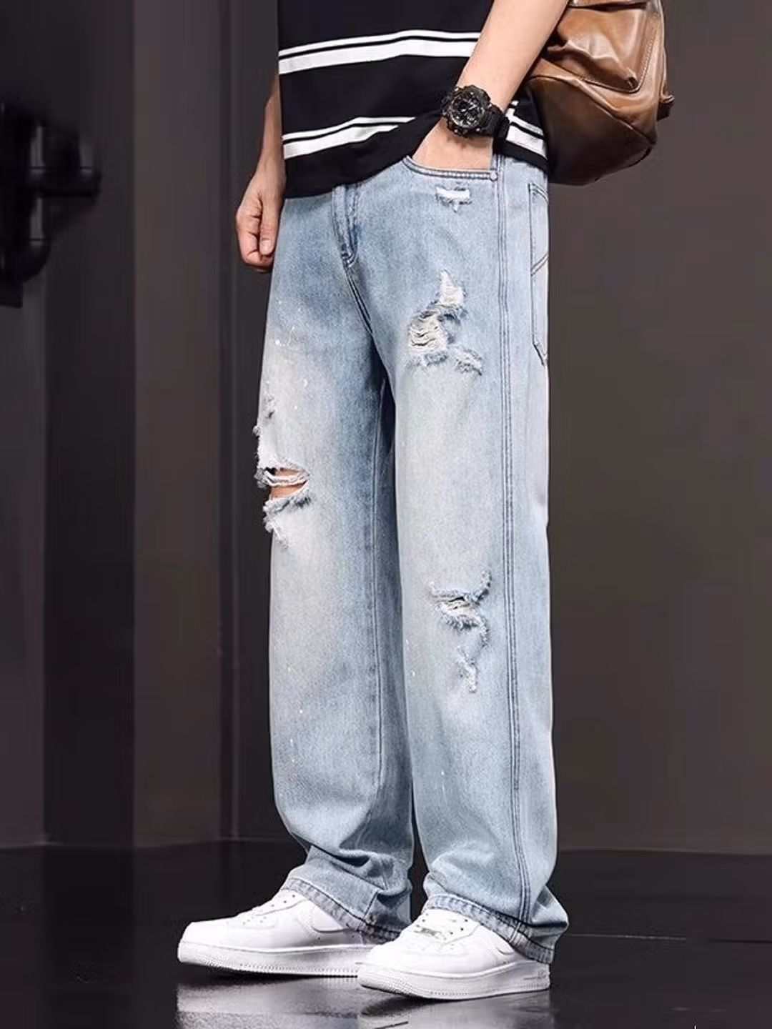 Ripped Jeans Men's 2025 Summer Trendy Brand Loose Straight Casual Pants Personalized Fashion Youth Versatile Beggar Pants, Light Blue 29_mkmklike.com