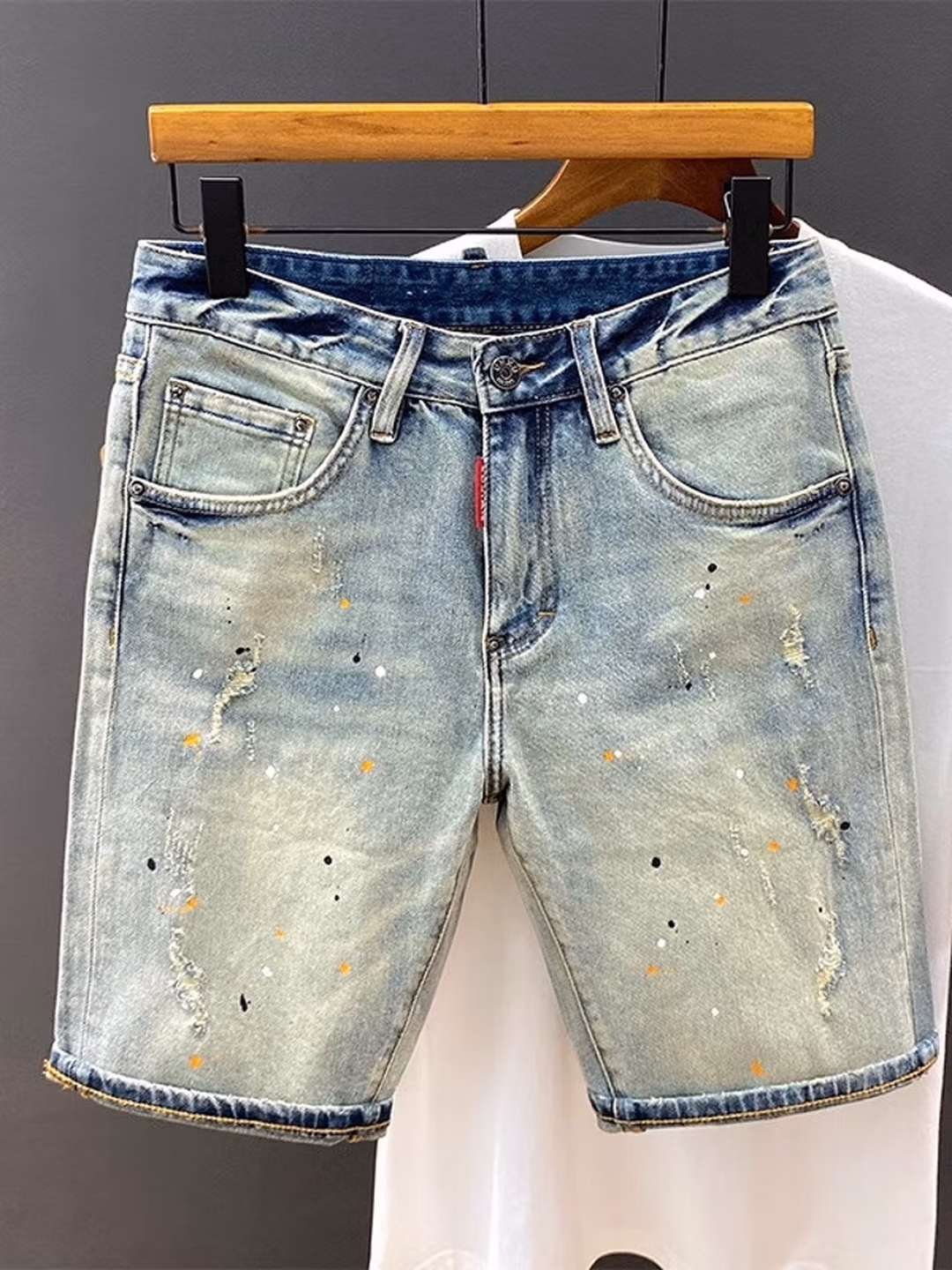Ink-splashing Denim Shorts Men's Summer American Retro Ripped Beggar Five-point Pants Loose Straight Slim Trendy Pants, Blue 28_mkmklike.com
