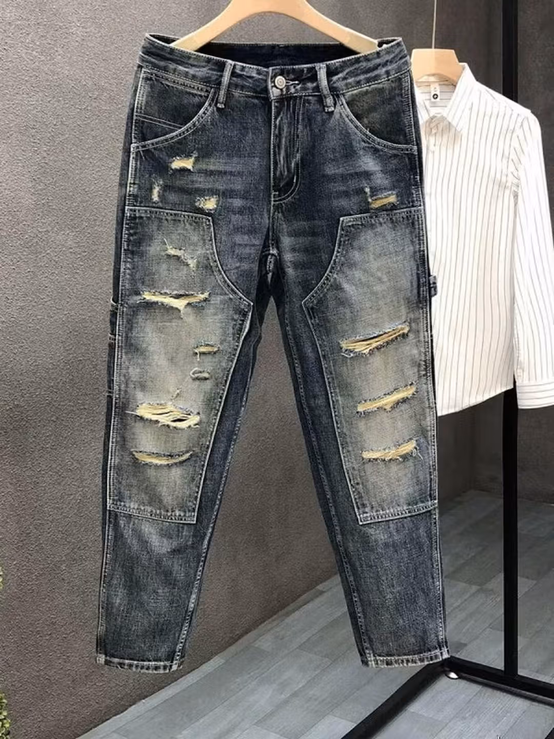 Jean rétro à patchs déchirés pour homme, coupe slim, style coréen, été, taille 28._voghion.com