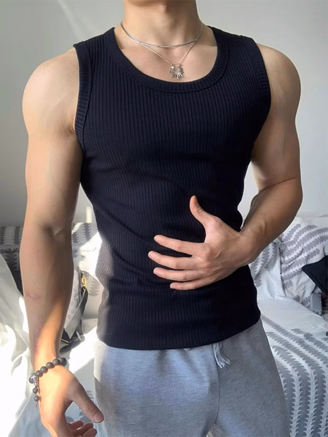 Ice Silk Threaded Vest Men's Summer Slim Fit Muscle Sleeveless T-Shirt American Fitness Undershirt, White XL_viptrois.com