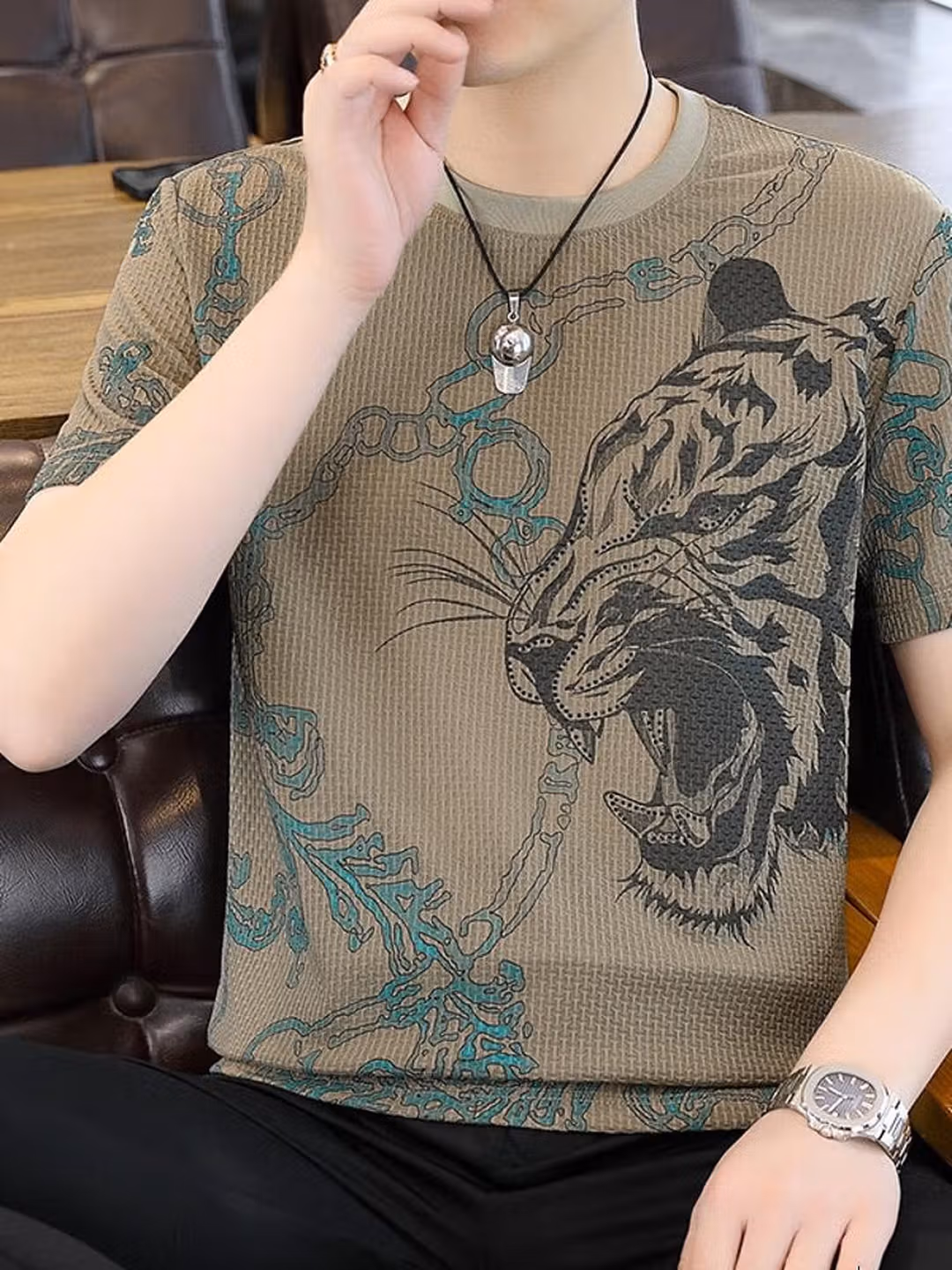 High-end Short-sleeved T-shirt Men's Thin 2026 New Round Neck Loose Large Size Trendy Ice Silk Half-sleeved Tiger Head Top_viptrois.com