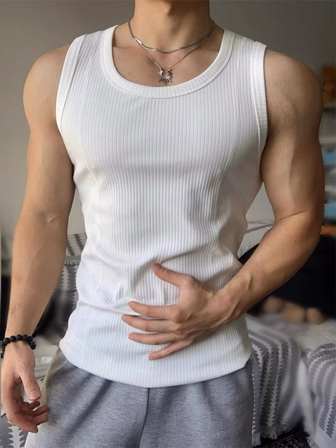 Ice Silk Threaded Vest Men's Summer Slim Fit Muscle Sleeveless T-Shirt American Fitness Undershirt, White XL_viptrois.com