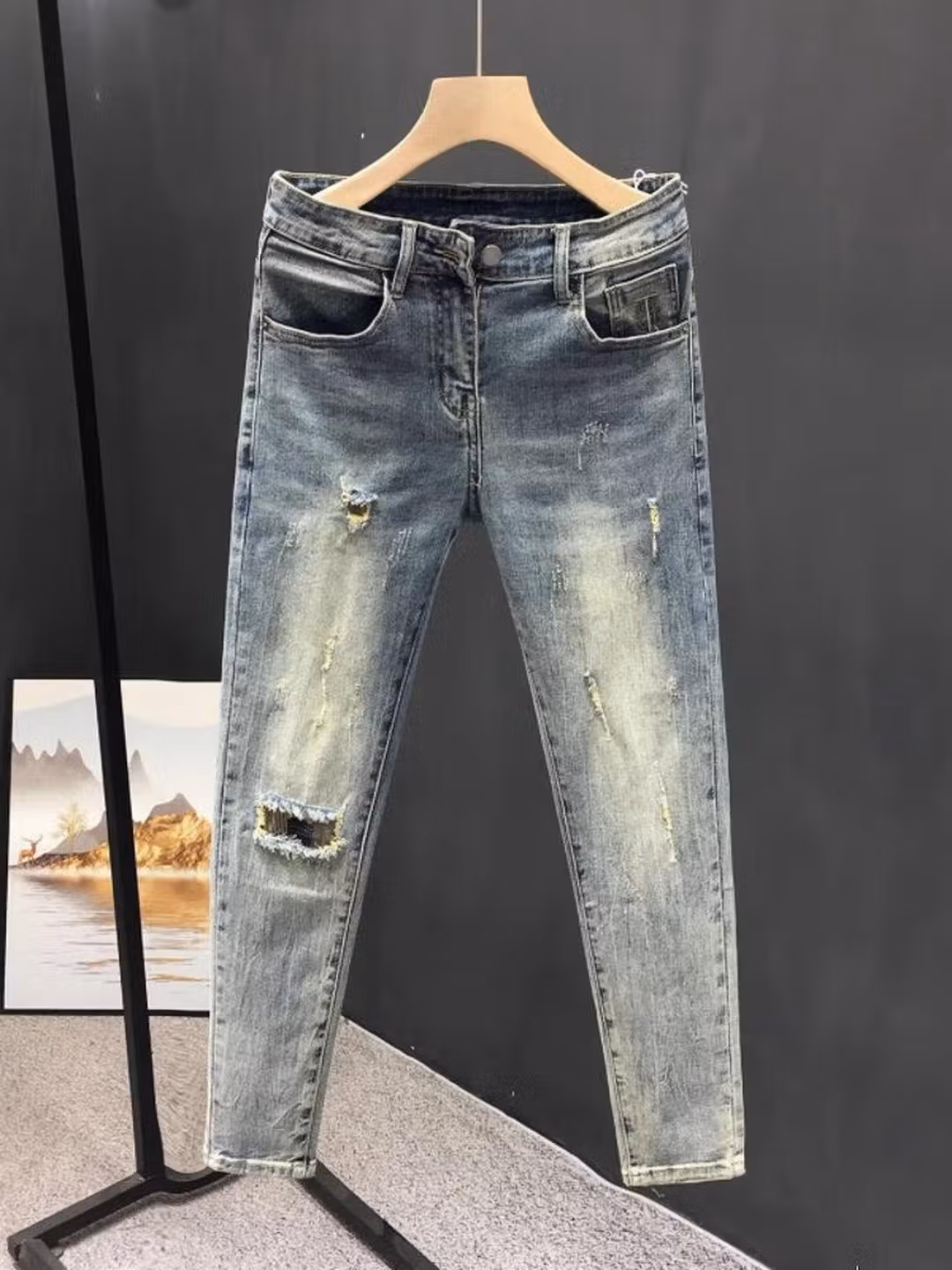 Summer Ripped Jeans Men's Korean Version Trendy Slim-fitting Pants Elastic Versatile Retro Old Casual Nine-point Pants, Main Picture Color 28_mkmklike.com