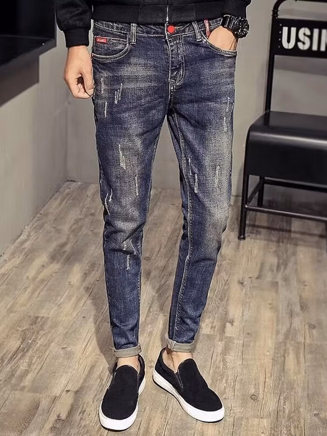 Jeans da uomo foderati in velluto slim fit pantaloni blu_voghion.com