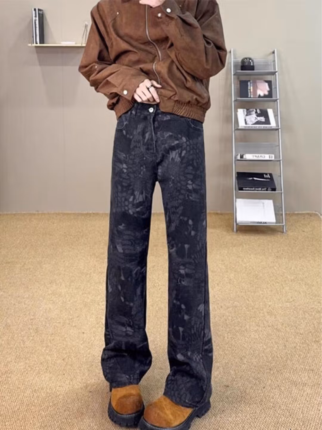 Herren Camouflage Jeans Mit Schlangenmuster Retro Gerade Hose_voghion.com