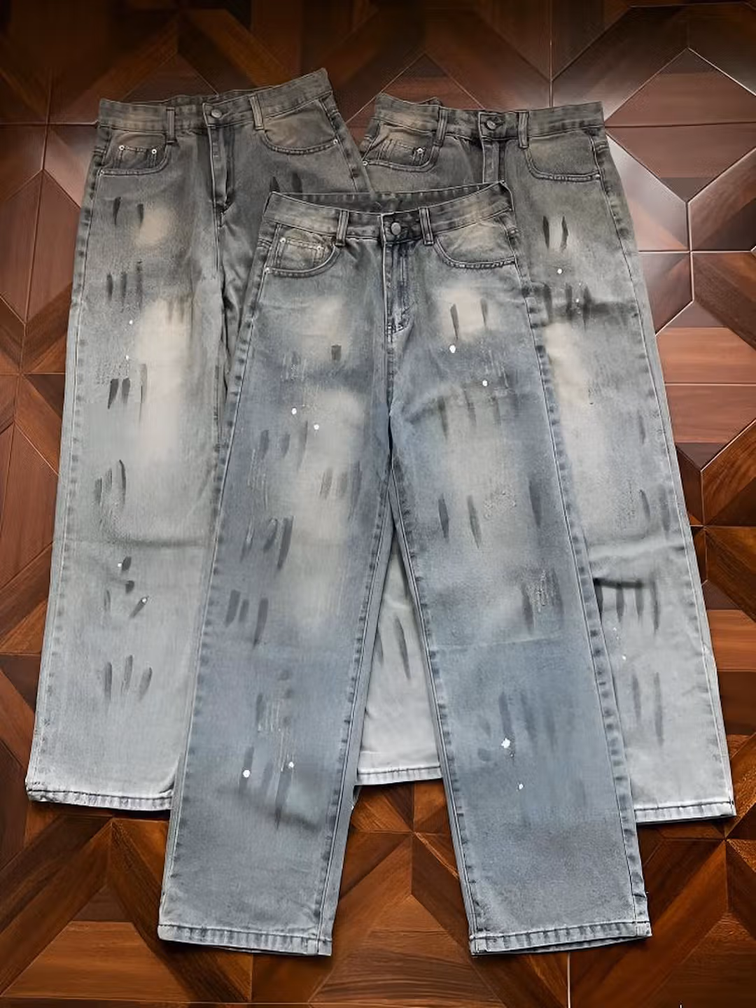 Splash Ink Dirty Jeans Men's 2026 Spring And Autumn New American High Street Casual Loose Straight Pants, Blue S_mkmklike.com