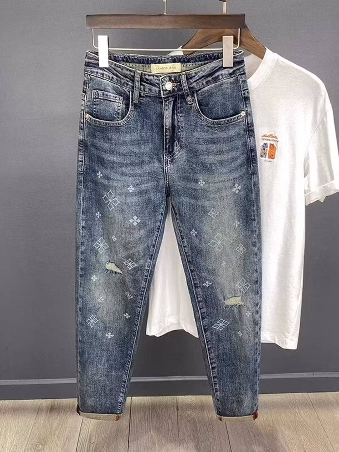 Scratched Ripped Jeans Men's Summer Thin Retro Old Slim-fitting Pants Trendy Brand Printed Nine-point Pants, Blue 29_mkmklike.com