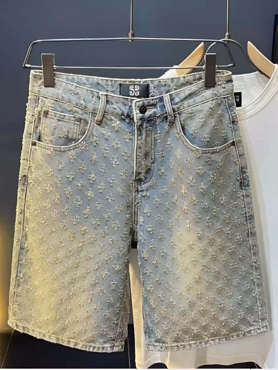 Full Print Jacquard Denim Shorts Men's Summer American Retro Trendy Brand Design Sense Student Ruffian Handsome Casual Five-point Pants, Blue S_mkmklike.com